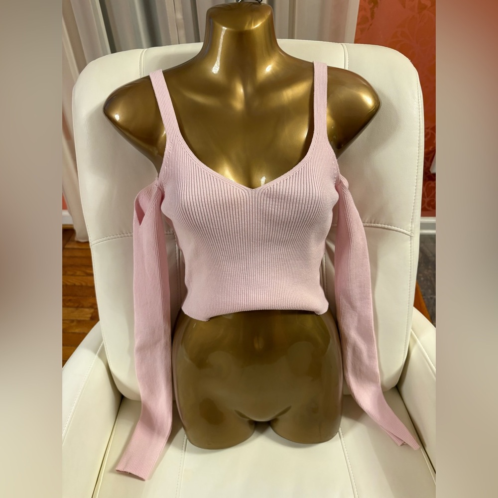 Zara Light Pink Ribbed Cold-Shoulder Top - Picture 7 of 7